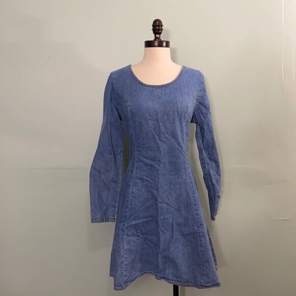 Vintage 90s Denim Fit and Flare Long Sleeve Dress - Picture 1 of 5